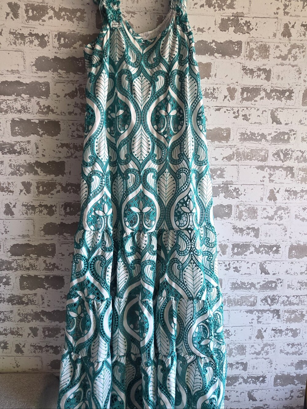 BTFL-life Teal Green Embroidered Eyelet Tiered Maxi Dress L